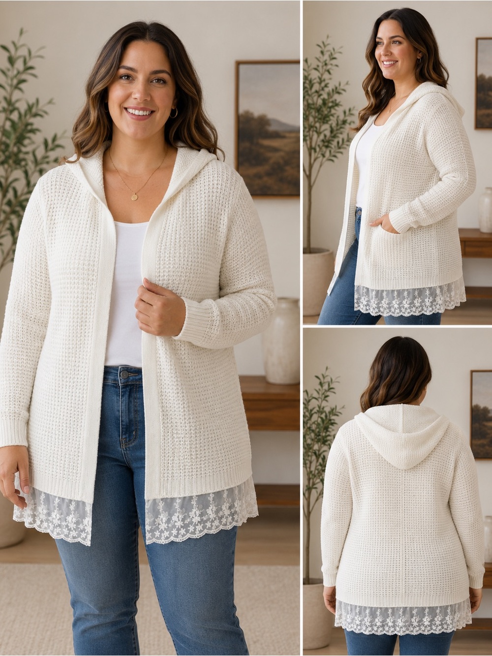 Sz XL Cream Cloud Knit Hooded Lace Trim Sweater Jacket Sugar Rush Girls